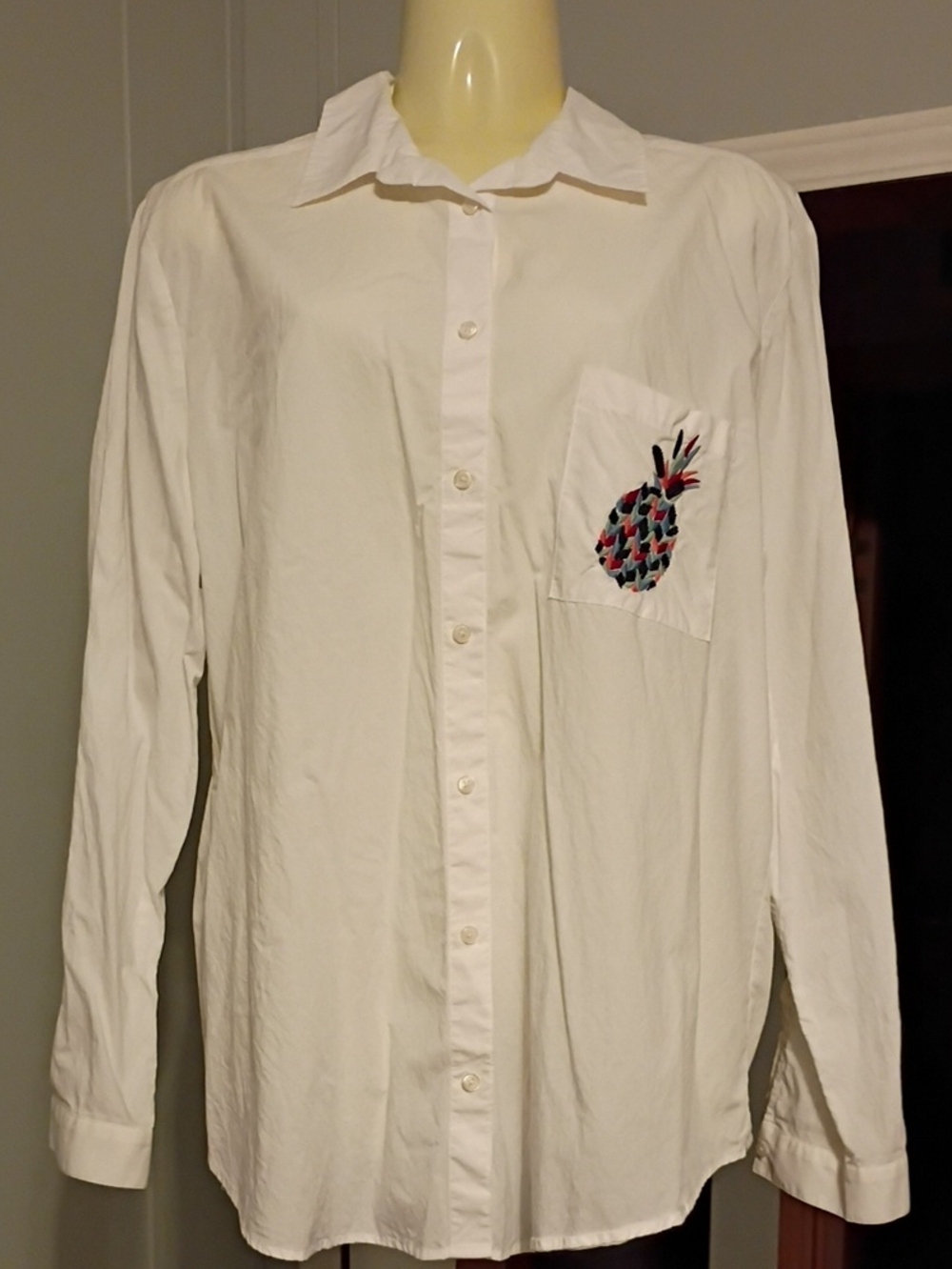 LOFT White Button-Down Shirt with Pineapple Pocket Embroidery